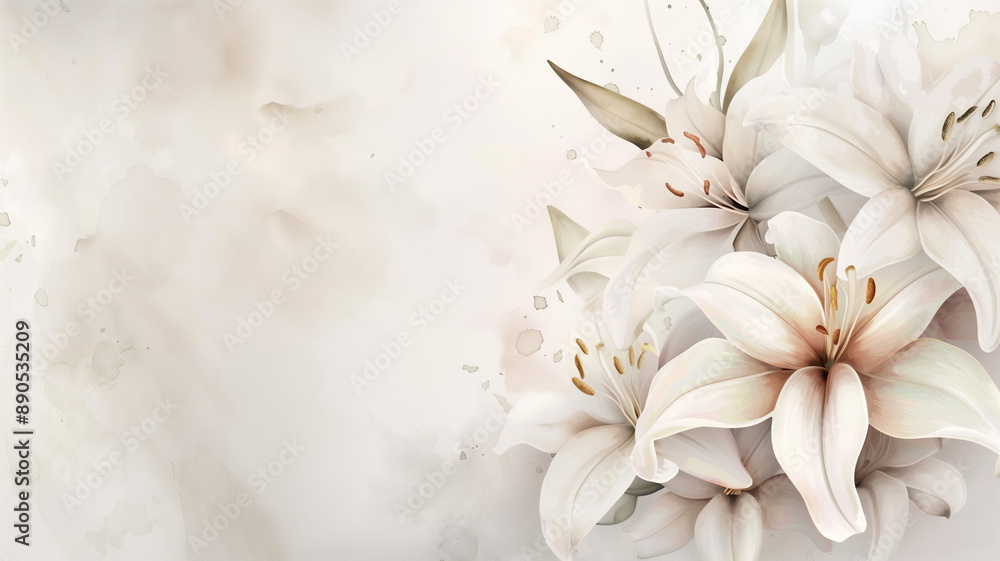 White lilies flowers on watercolor background with copy space for wedding invitations. Pastel lily floral background for your design, save the date card, stationery, greeting card, business card White lilies flowers on watercolor background with copy space for wedding invitations. Pastel lily floral background for your design, save the date card, stationery, greeting card, business card