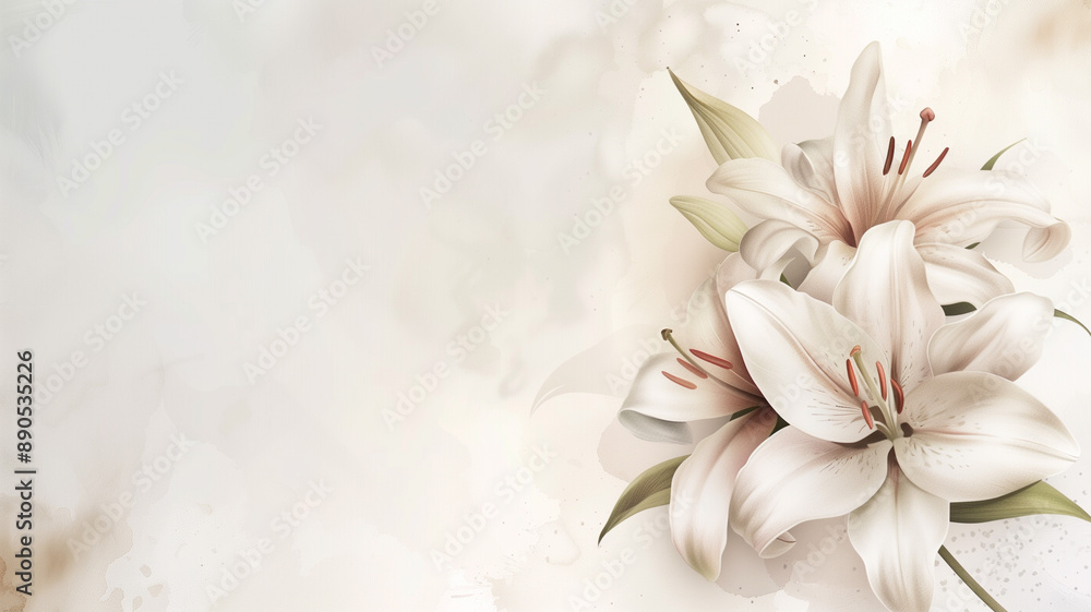 Obraz premium Watercolor background with white lilies flowers with copy space for wedding invitations. Pastel lily floral background for your design, save the date card, stationery, greeting card, business card