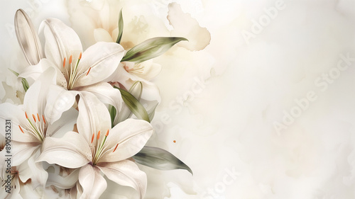 Watercolor background with white lilies flowers with copy space for wedding invitations. Pastel lily floral background for your design, save the date card, stationery, greeting card, business card