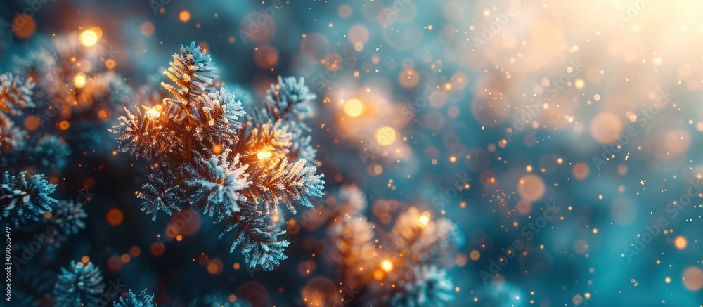 Winter Wonderland: Frosted Pine Branch Glowing with Warm Lights Winter Wonderland: Frosted Pine Branch Glowing with Warm Lights