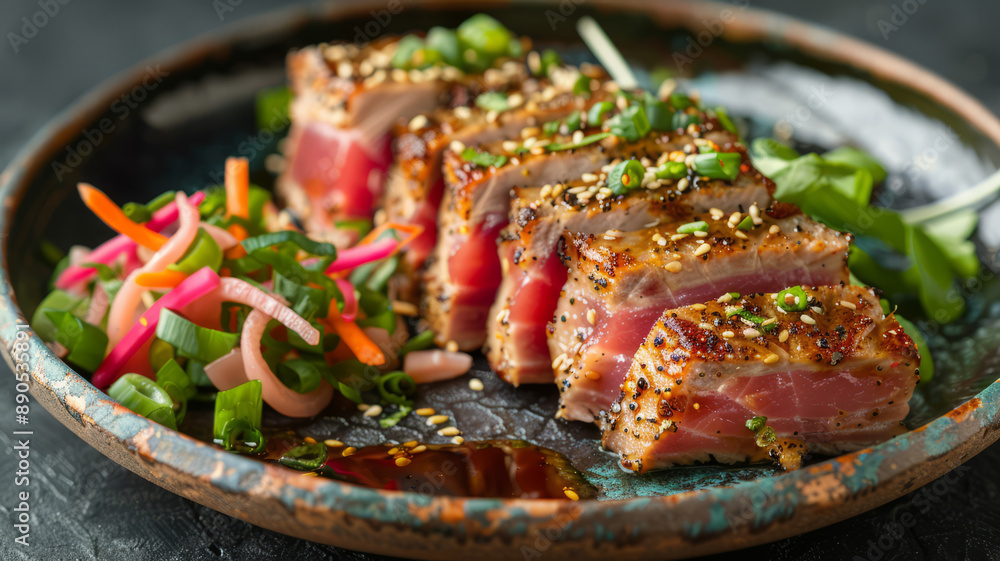 Seared tuna steak with colorful vegetables on a ceramic plate. Seared tuna steak with colorful vegetables on a ceramic plate.