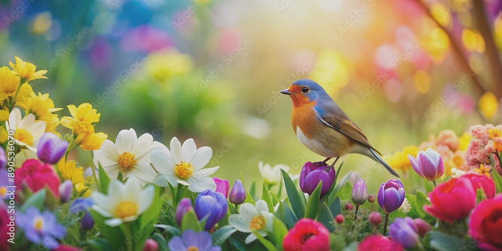 A picturesque spring scene with colorful flowers and a charming bird Creative AI A picturesque spring scene with colorful flowers and a charming bird Creative AI