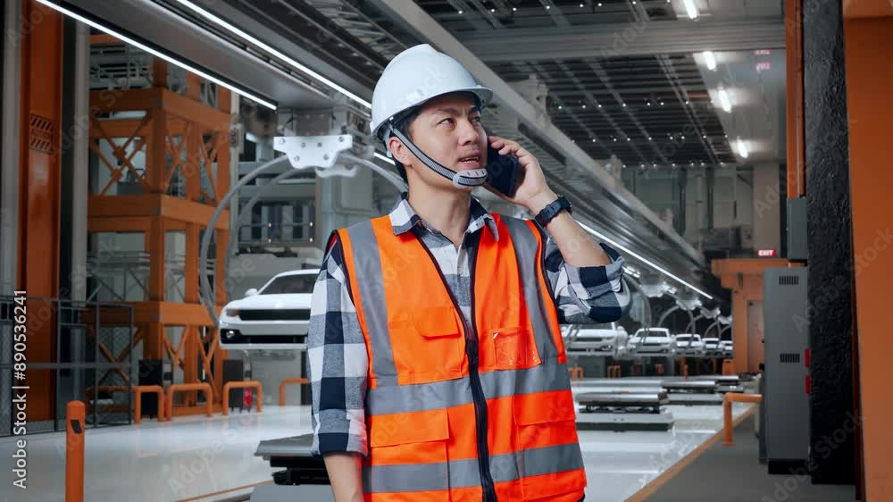 Asian Male Engineer With Safety Helmet Talking On Smartphone While Standing In EV Car Factory Asian Male Engineer With Safety Helmet Talking On Smartphone While Standing In EV Car Factory