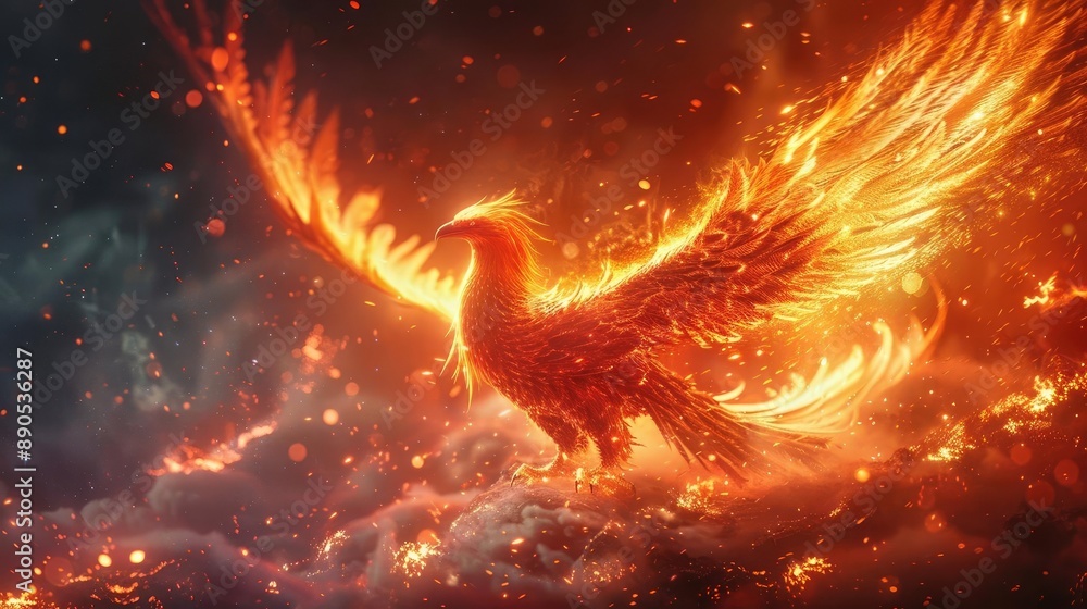 Mythical phoenix rising from its ashes, representing rebirth and ...