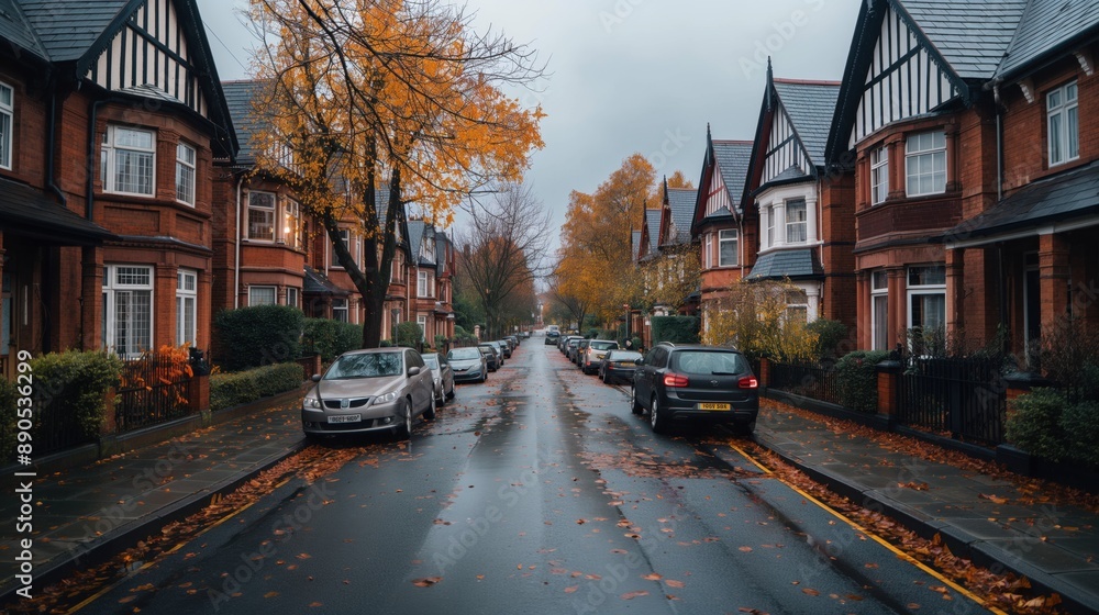 Obraz premium A quiet residential street lined with brick houses and autumn trees shedding leaves. Parked cars are visible along both sides of the wet road.