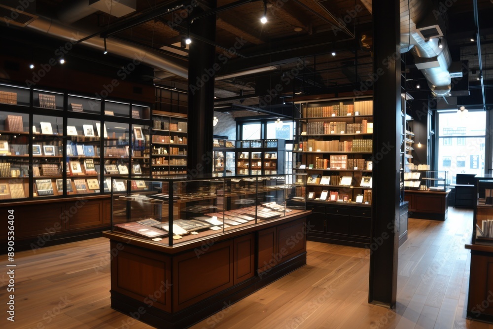 Antique Bookstore Interior with Display Cases Antique Bookstore Interior with Display Cases