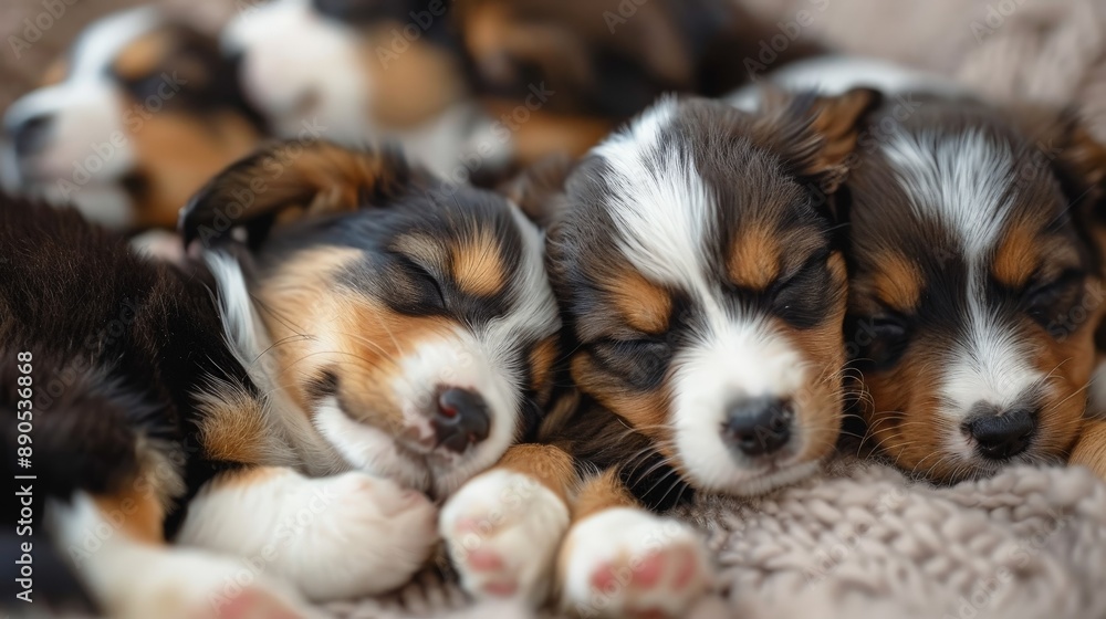 Obraz premium Four Adorable Puppies Resting on a Fuzzy Blanket