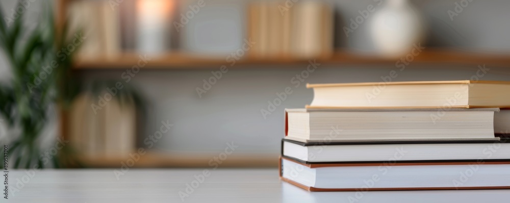 Stack of books on a white table with a blurred bookshelf in the background, creating a cozy atmosphere for reading and studying. Stack of books on a white table with a blurred bookshelf in the background, creating a cozy atmosphere for reading and studying.
