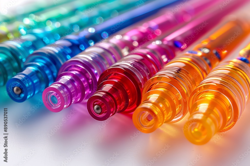 Close Up of Colorful Transparent Pens Laying on White Surface Close Up of Colorful Transparent Pens Laying on White Surface