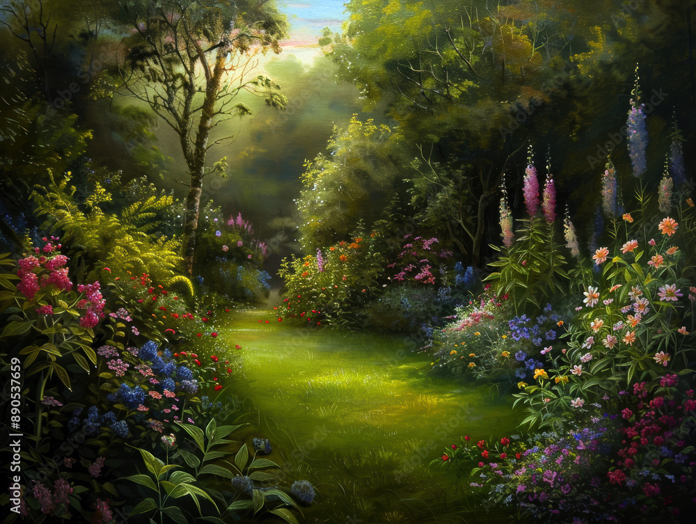 Obraz premium A painting of a garden with a path and a tree. The painting is full of bright colors and has a peaceful, calming mood