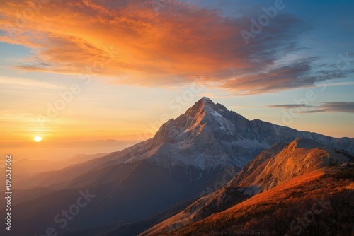 Stunning view of mountain peak with snow-capped summit illuminated warm glow of setting sun