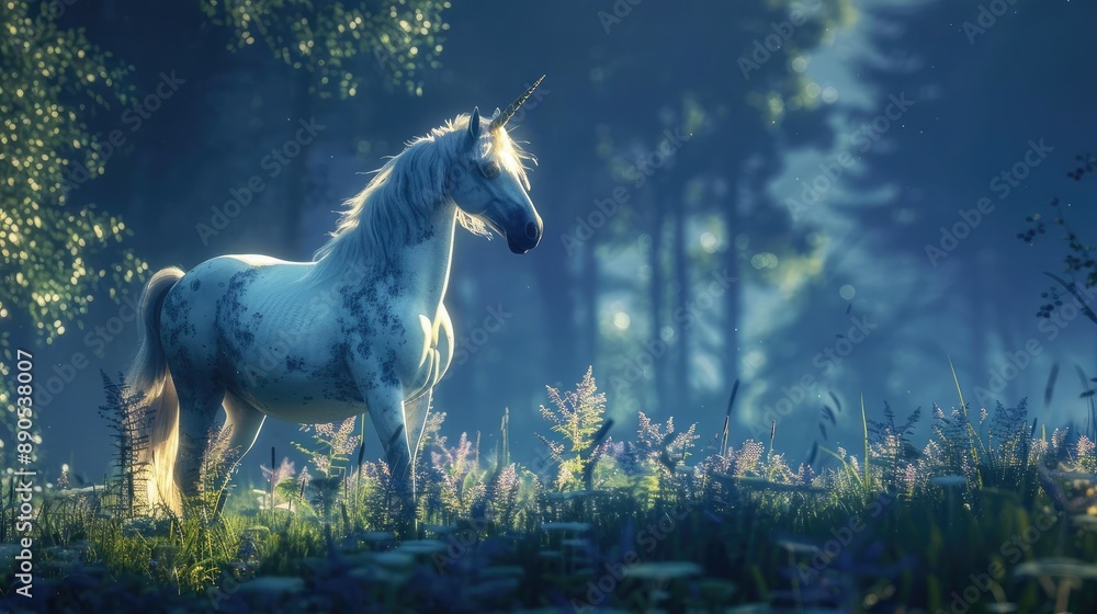 Majestic unicorn standing in a moonlit glade, highlighting purity and enchantment Majestic unicorn standing in a moonlit glade, highlighting purity and enchantment