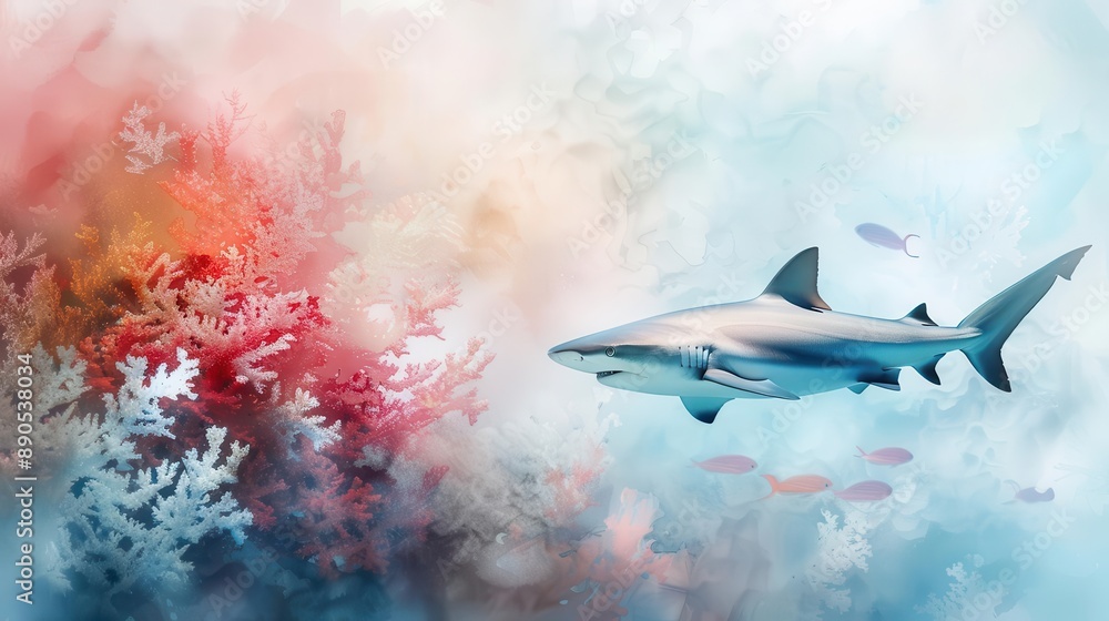 Majestic shark, gliding through vibrant coral reef, underwater scene, watercolor style Majestic shark, gliding through vibrant coral reef, underwater scene, watercolor style