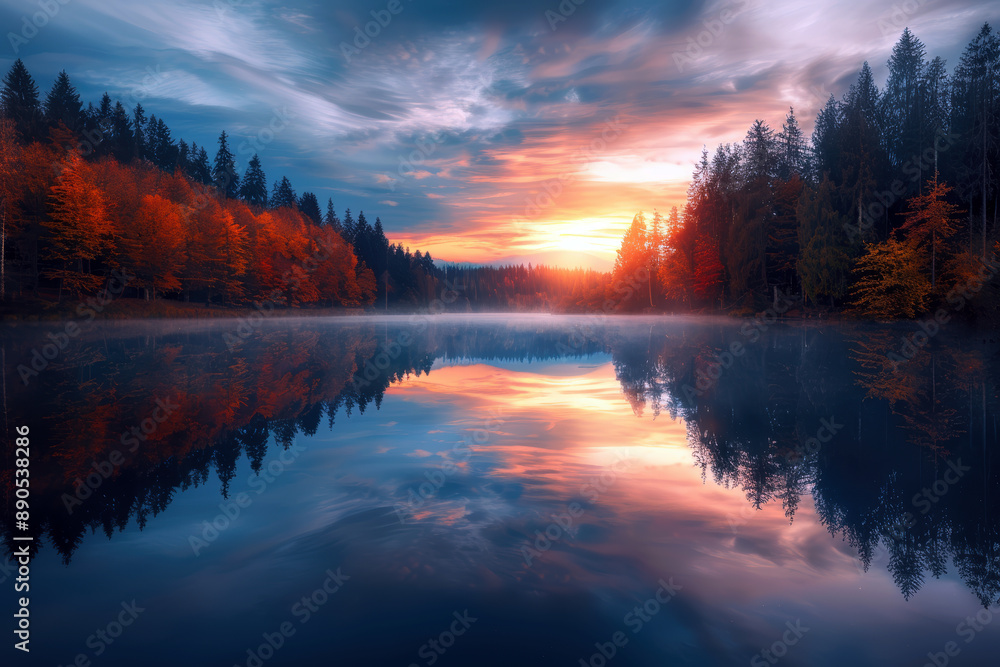 A beautiful lake with a sunset in the background. The water is calm and the trees are in the foreground A beautiful lake with a sunset in the background. The water is calm and the trees are in the foreground