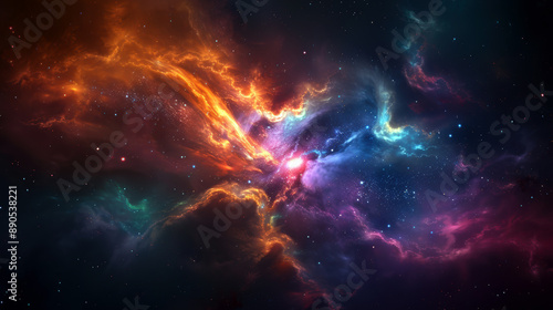 A colorful space scene with a bright orange cloud in the middle. The colors are vibrant and the stars are scattered throughout the image