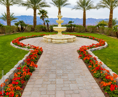 Fountain and Garden at Historic Hotel, Death Valley National Park, California, USA
