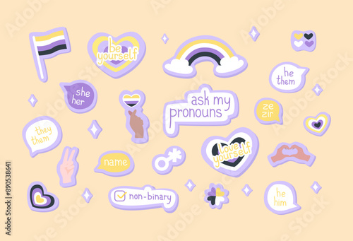 Set of stickers on non-binary in cartoon style