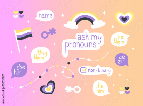 Set of stickers on non-binary in cartoon style