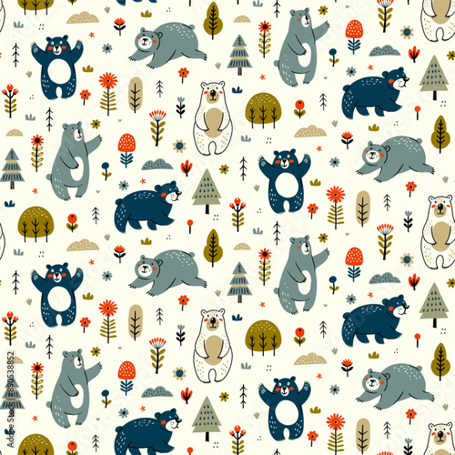 Woodland Bears in Autumn Colors seamless pattern with trees and flowers. Adorable cartoon wildlife vector illustration perfect for kids nursery decor and Children Products. Scandinavian hygge design.