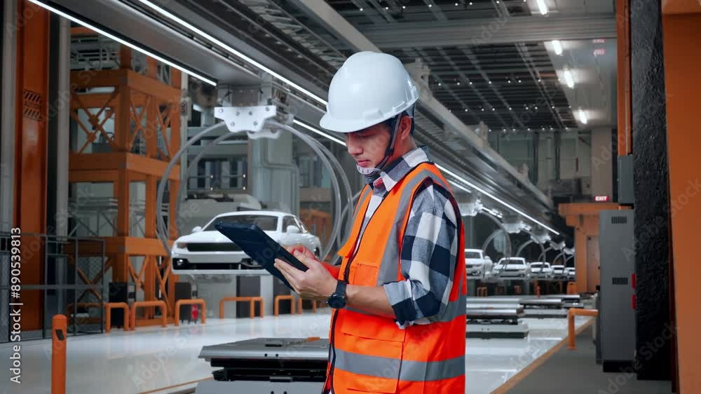 Side View Of Asian Male Engineer With Safety Helmet Working On A Tablet While Standing In EV Car Factory Side View Of Asian Male Engineer With Safety Helmet Working On A Tablet While Standing In EV Car Factory