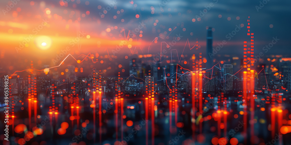 Fototapeta premium The Confluence of Data and Urban Energy: Cityscape at Sunset Interwoven with Digital Insights