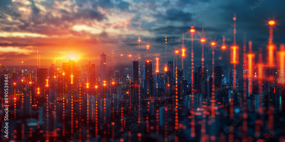 Digital Dawn: The Fusion of Urban Skyscrapers and Flowing Data Streams at Sunrise Digital Dawn: The Fusion of Urban Skyscrapers and Flowing Data Streams at Sunrise