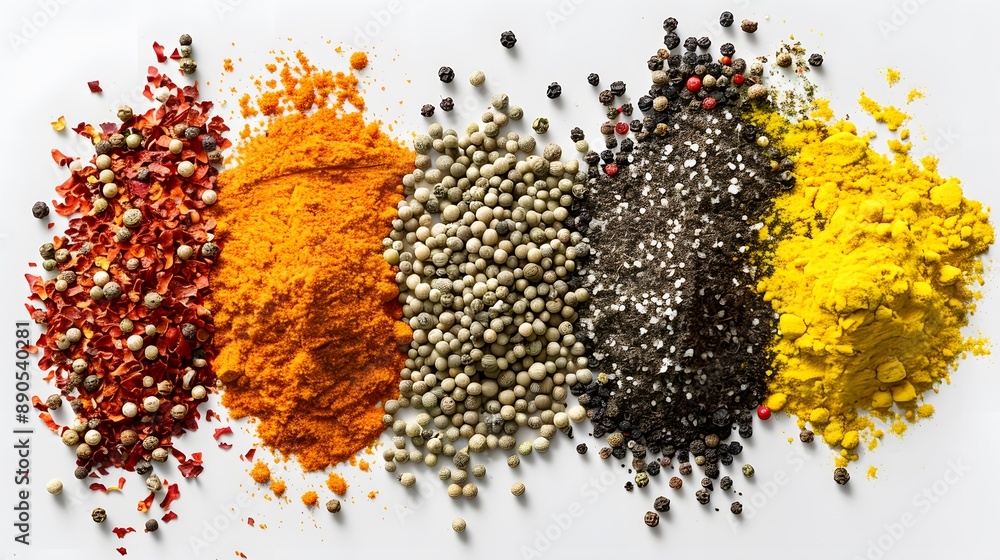Different spice and herb blend isolated on white. Cooking condiments and seasonings food top view Different spice and herb blend isolated on white. Cooking condiments and seasonings food top view