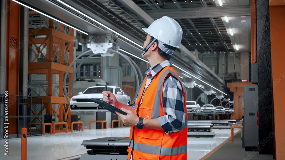 Side View Of Asian Male Engineer With Safety Helmet Taking Note On The Tablet And Looking Around While Standing In EV Car Factory Side View Of Asian Male Engineer With Safety Helmet Taking Note On The Tablet And Looking Around While Standing In EV Car Factory