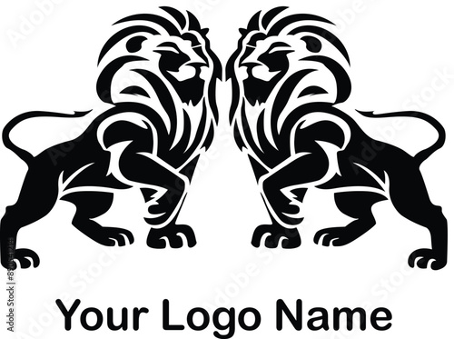 Two lions facing each other. The images are black and white and have a bold graphic design