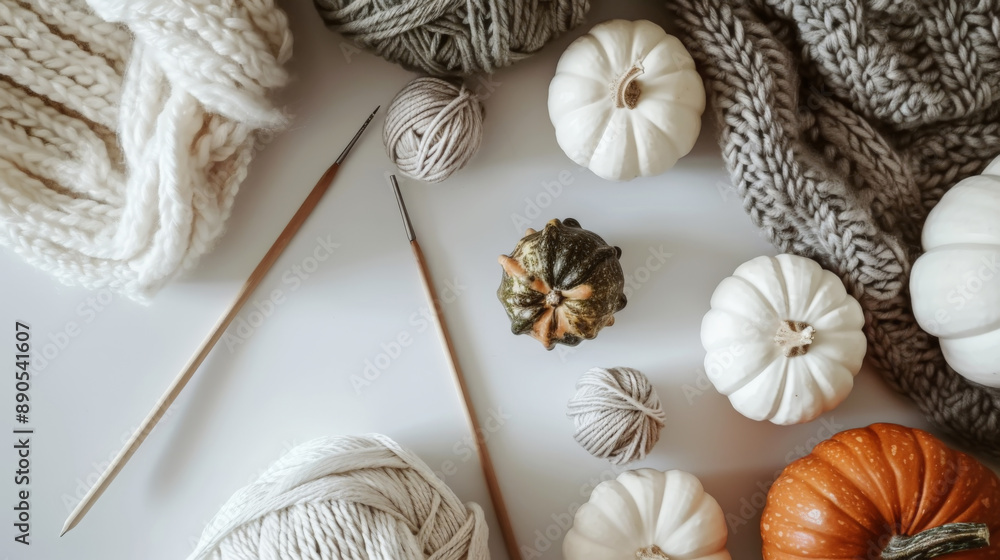 Fototapeta premium Autumn Knitting Supplies with White Pumpkins