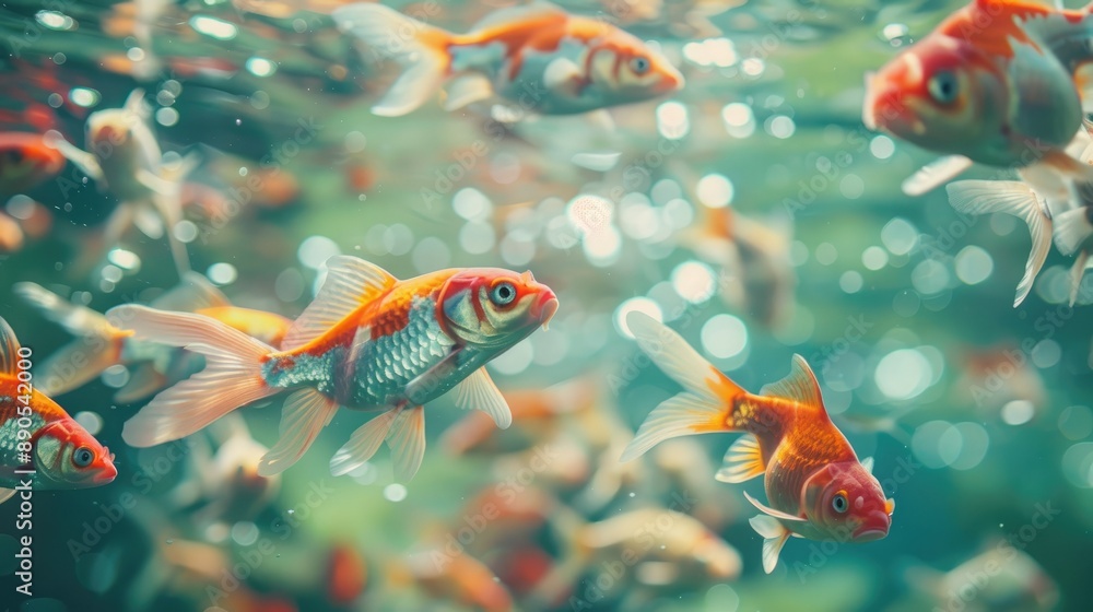 Group of goldfish in water, representing business teamwork and cooperation. Group of goldfish in water, representing business teamwork and cooperation.