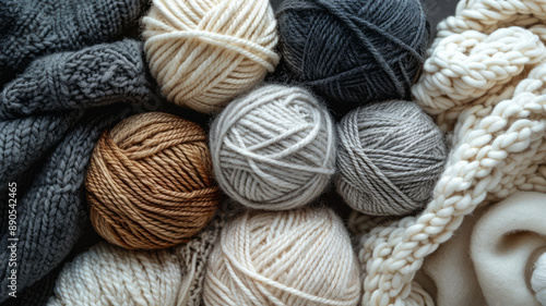 Close-up of various balls of yarn in different colors and textures.