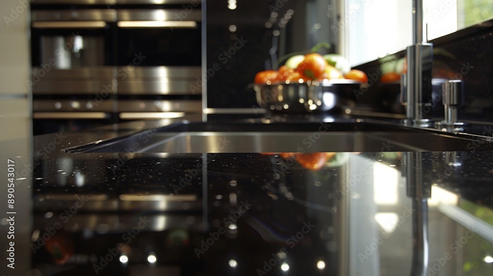 Black Granite Kitchen Countertop with Stainless Steel Sink. Black Granite Kitchen Countertop with Stainless Steel Sink.