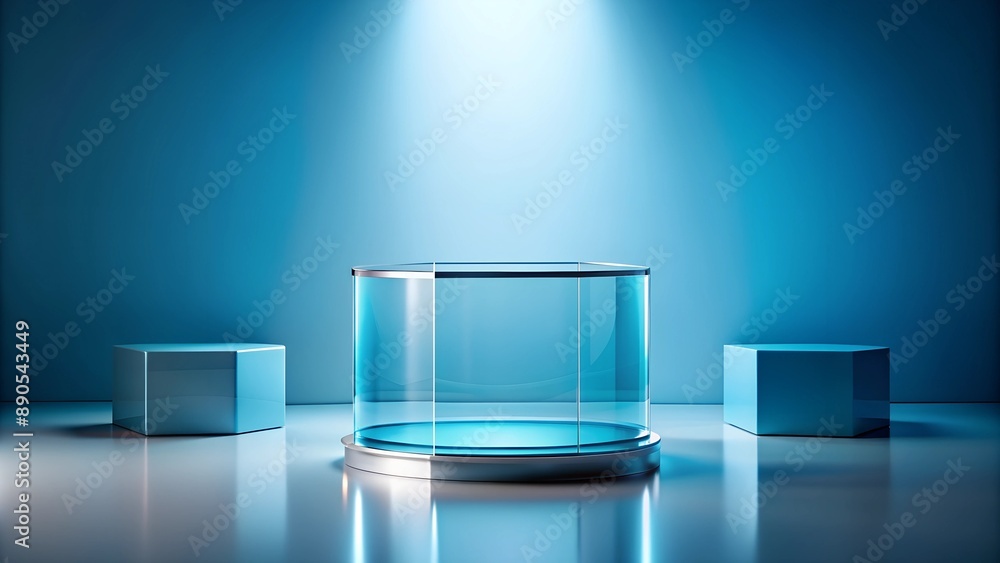 glass transparent surface, blue transparent water at the top, there is a white podium for product presentation glass transparent surface, blue transparent water at the top, there is a white podium for product presentation