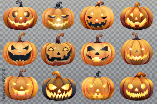 Set of jack-o'-lantern illustrations with transparent background, perfect for Halloween-themed designs and graphic templates.
