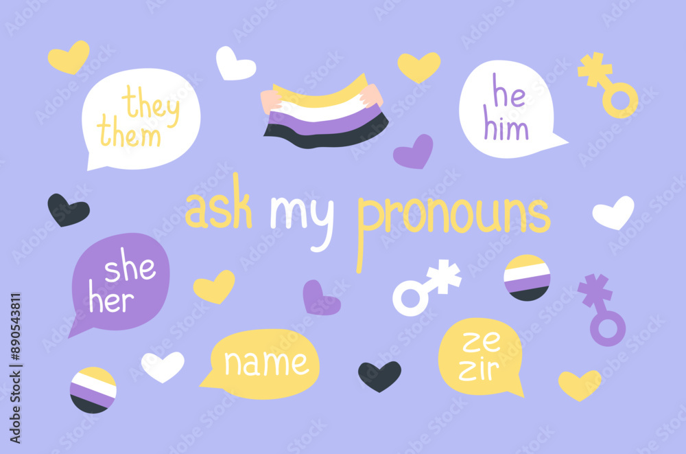 Naklejka premium A set of stickers on the topic of non-binary. Using gender-neutral pronouns