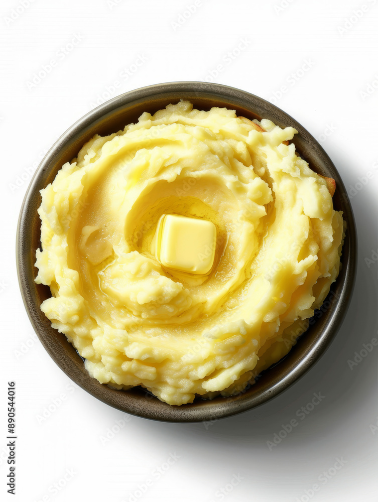 A bowl of mashed potatoes with a pat of butter on top. A bowl of mashed potatoes with a pat of butter on top.