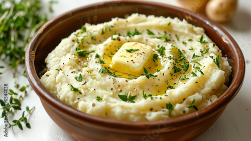 Mashed potatoes with butter and herbs in a bowl.