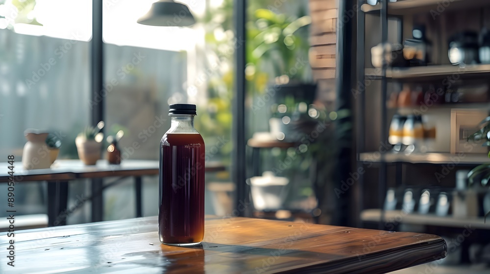 A dark amber bottle on a table in a modern cafe.
A dark amber bottle on a table in a modern cafe.