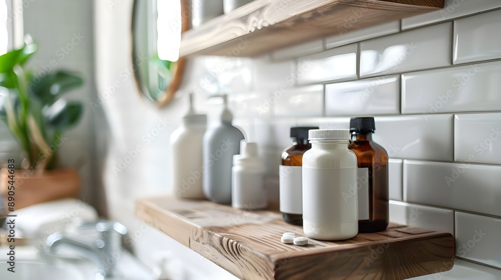 A neatly organized shelf displaying various skincare and beauty products in sleek bottles and jars, set against a clean white tile background, evoking a sense of modern elegance and minimalism A neatly organized shelf displaying various skincare and beauty products in sleek bottles and jars, set against a clean white tile background, evoking a sense of modern elegance and minimalism