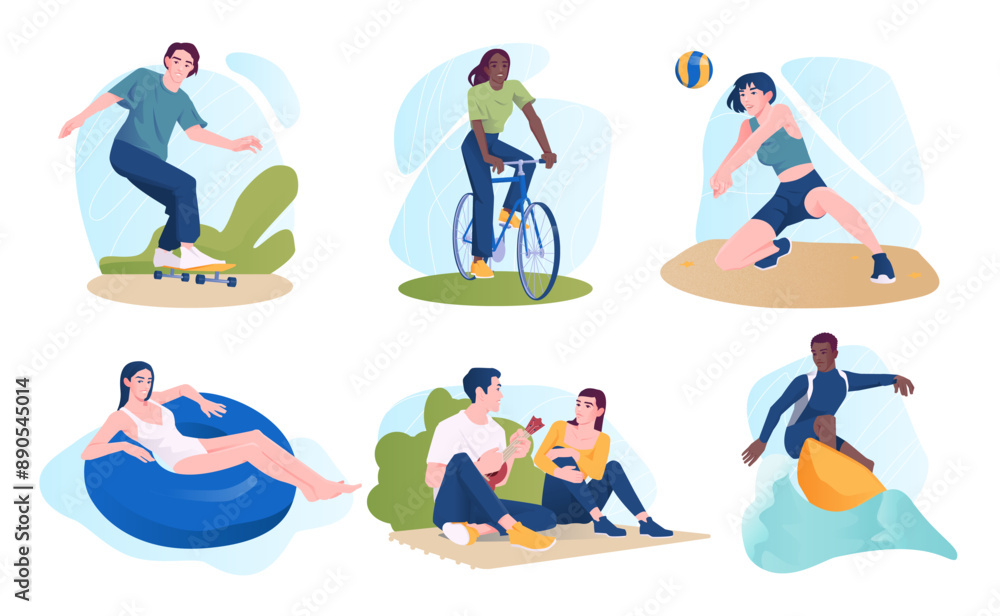 Set of summer outdoor activities. People riding bicycle or skateboard, surfing waves, swimming in pool, playing beach volleyball on vacation in summer season. Cartoon vector isolated illustrations Set of summer outdoor activities. People riding bicycle or skateboard, surfing waves, swimming in pool, playing beach volleyball on vacation in summer season. Cartoon vector isolated illustrations