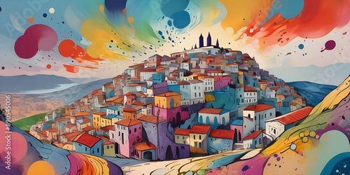 Abstract colorful scape of local town painting