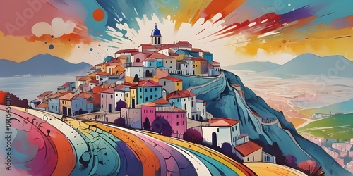 Abstract colorful scape of local town painting