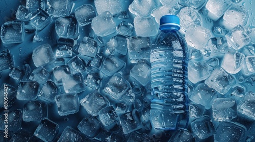 water bottle on ice cubes background 