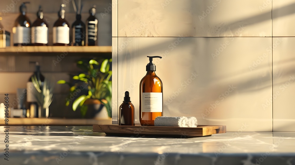 Brown glass dispenser bottle in a stylish bathroom setting. Brown glass dispenser bottle in a stylish bathroom setting.