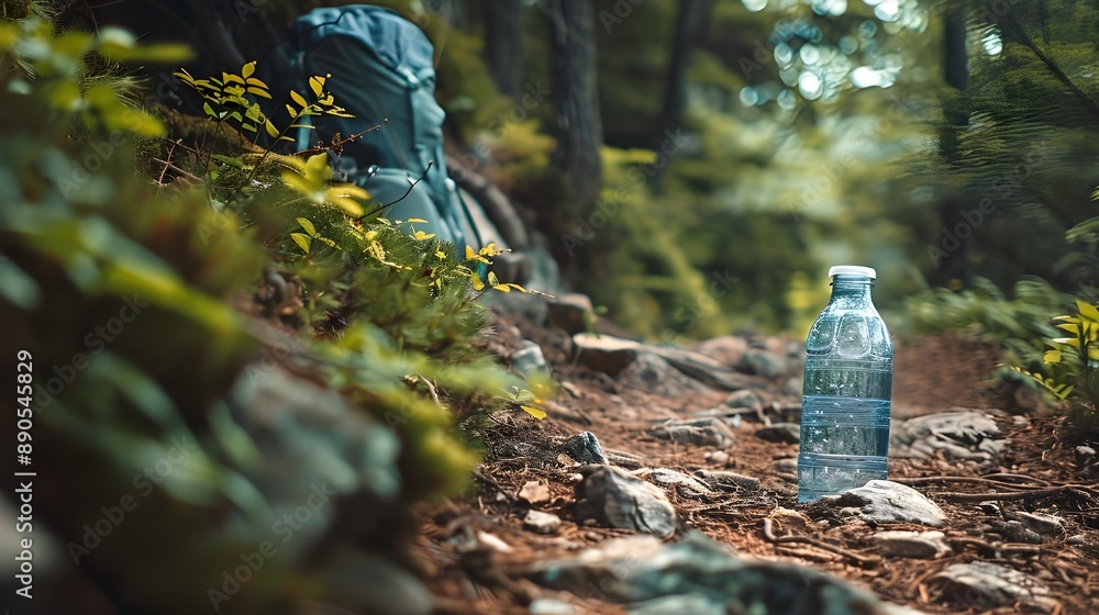 Obraz premium A plastic water bottle on a forest trail, surrounded by greenery and nature.
