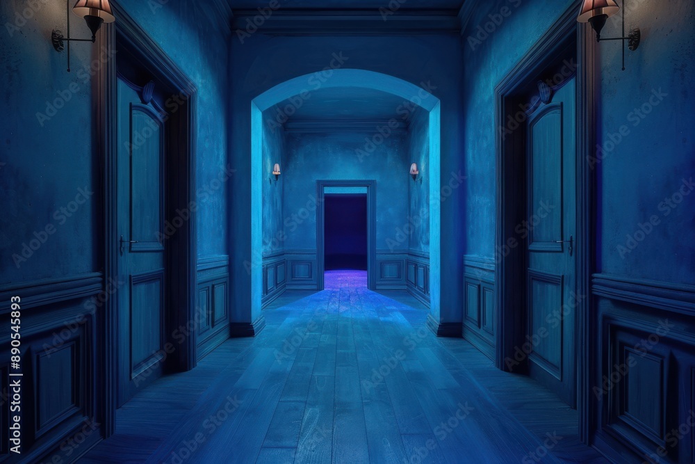 Fototapeta premium Dimly lit eerie hallway with doors on the sides leading to a vividly lit room, creating a mysterious and intriguing atmosphere.