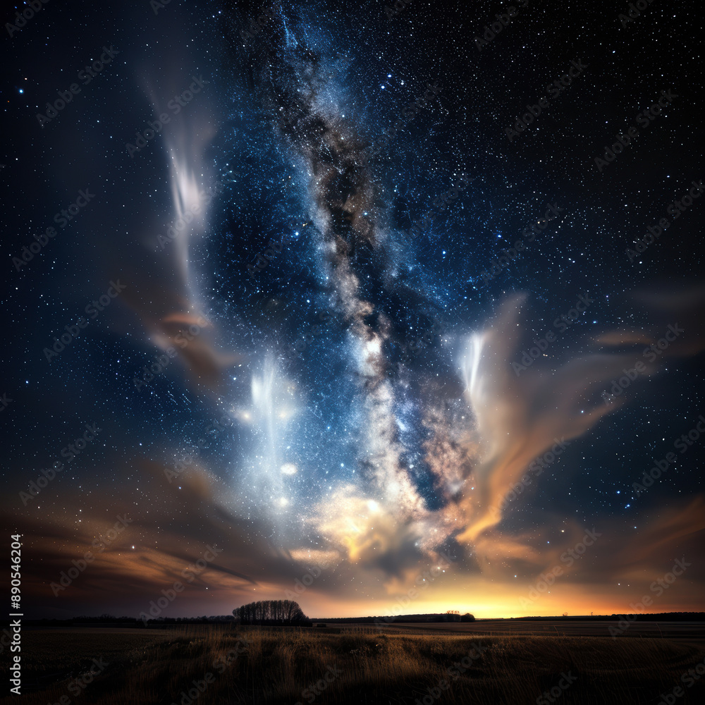 A beautiful night sky with a large cloud of milk. The sky is filled with stars and the clouds are white and fluffy A beautiful night sky with a large cloud of milk. The sky is filled with stars and the clouds are white and fluffy