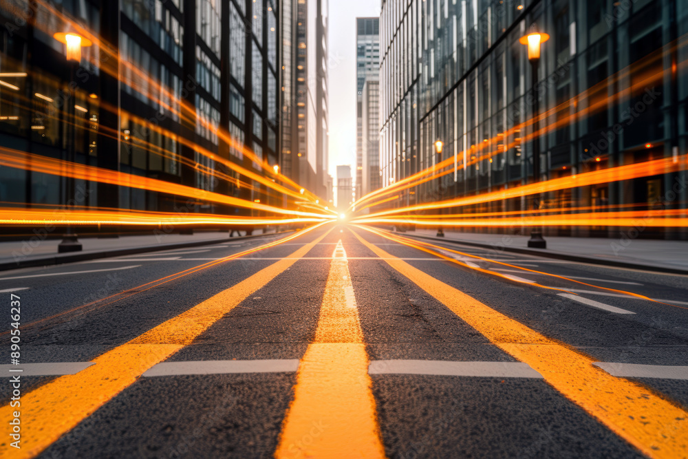 A city street with a yellow line down the middle. The street is empty and the sun is setting A city street with a yellow line down the middle. The street is empty and the sun is setting