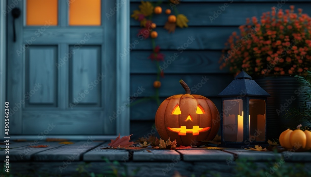 Obraz premium Festive Halloween front porch with carved glowing pumpkin, lantern, and mums, capturing the essence of autumn and holiday spirit.